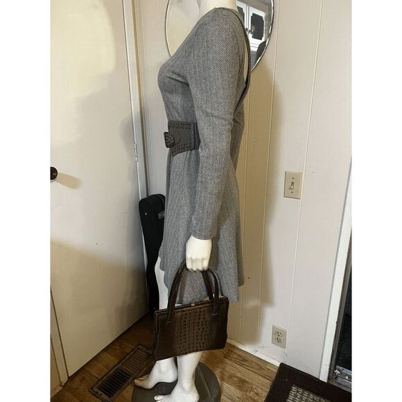 Amadi Anthropologie Womens Small Tweed Mini Dress Racer Back Belted Taupe V Neck - Picture 4 of 8